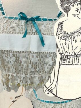 Vintage Cotton cream Lace Camisole with Teal Ribbon M/L Victorian rare trim